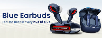 Stylish wireless blue earbuds with futuristic design and charging case – perfect for music lovers and audiophiles.