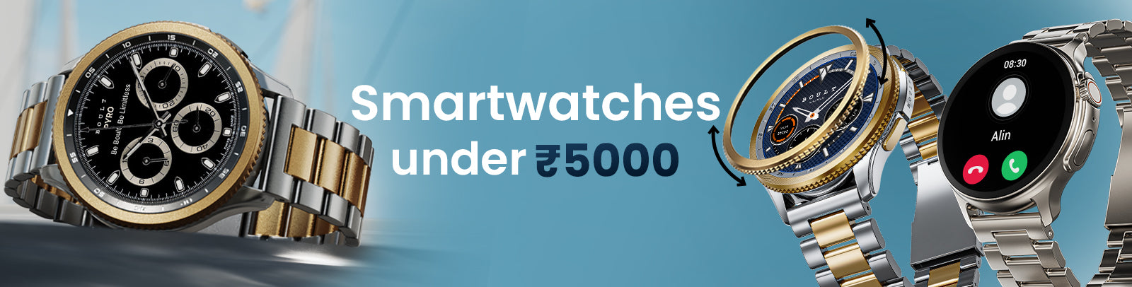 Premium smartwatches under ₹5000 featuring AMOLED displays, Bluetooth calling, fitness tracking, and stylish metal and silicone straps.